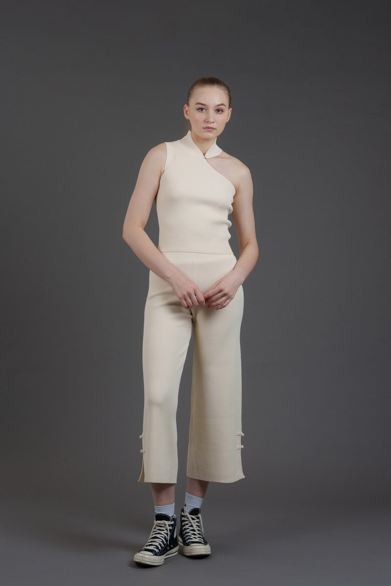 中式单肩针织旗袍上衣 (米白色) - 女装上衣 - 尼龙 白色