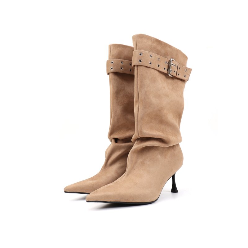 Im cookie原创 弹力绒金属扣带时装靴 尖头细跟女靴 高跟通勤靴子 - 女款短靴 - 其他材质 