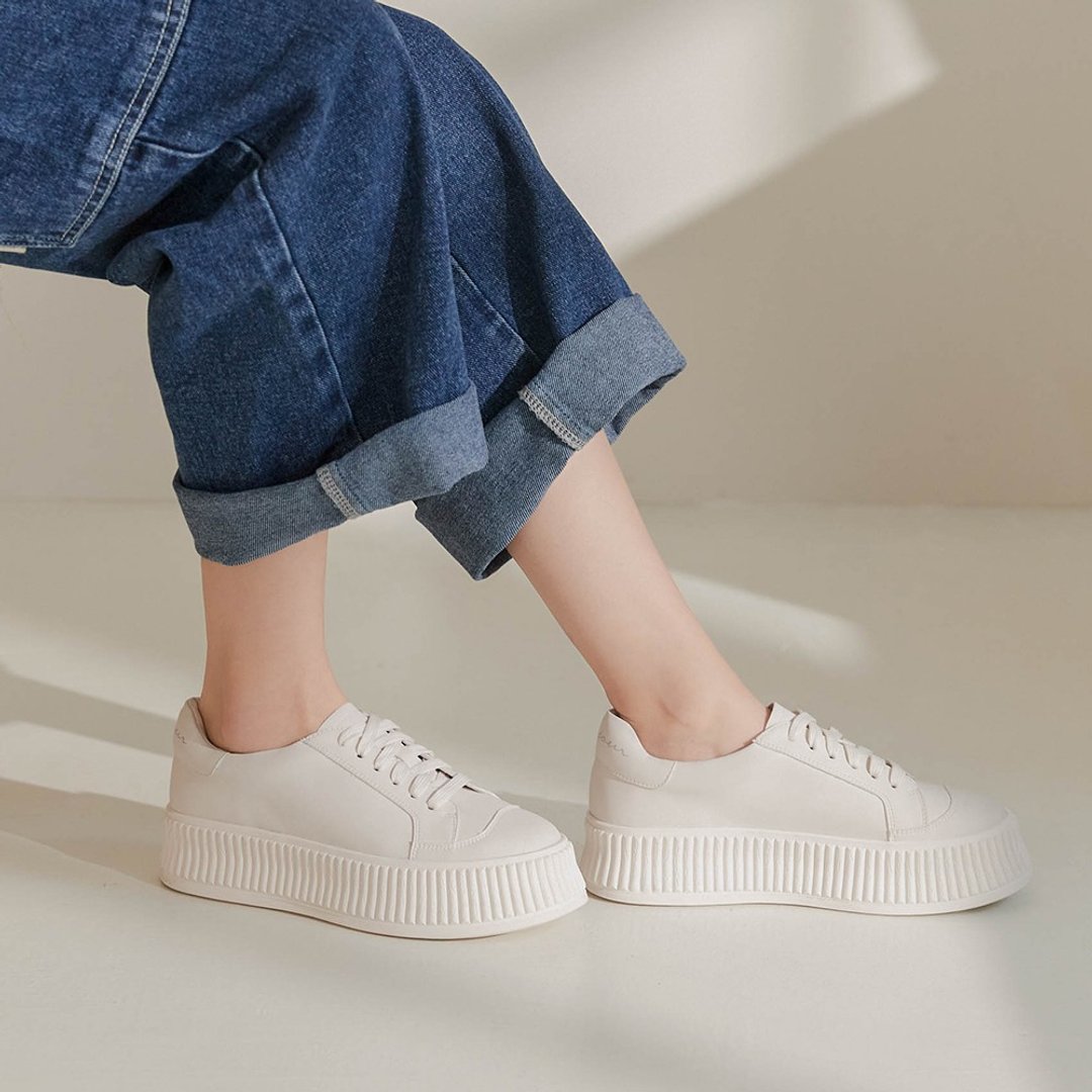 数量限定!4.5cm厚底松饼小白鞋Sneakers - 女款休闲鞋 - 人造皮革 白色