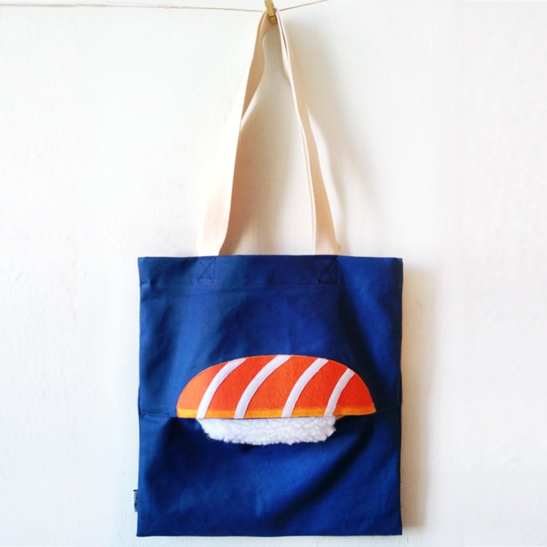 三文鱼寿司, 厚帆布布袋, 全人手制Tote Bag - 手提包/手提袋 - 棉 蓝色