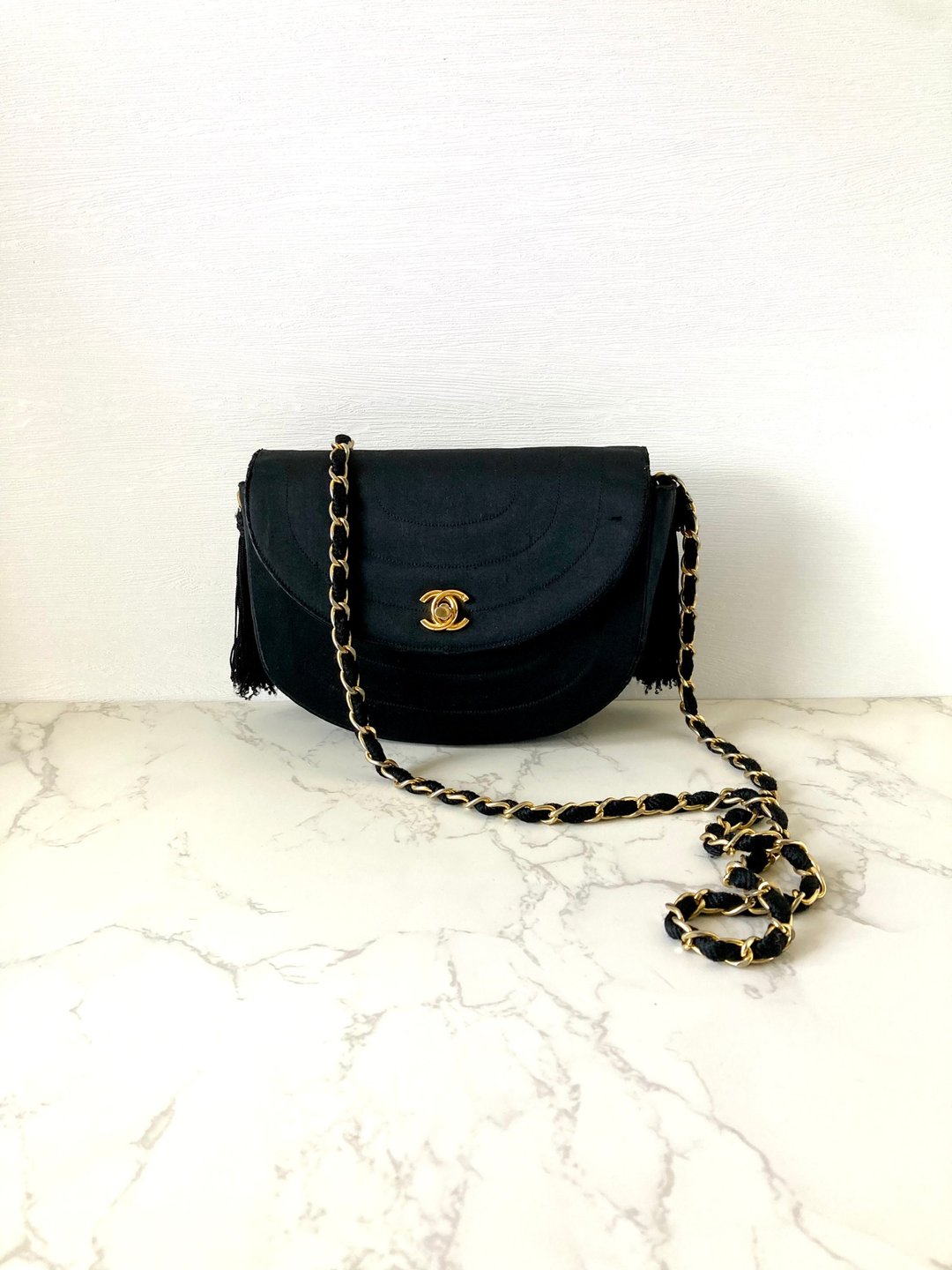 【特选货品】中古二手Chanel黑色丝绢半月链条小包单肩侧背袋 - 侧背包/斜挎包 - 丝．绢 黑色