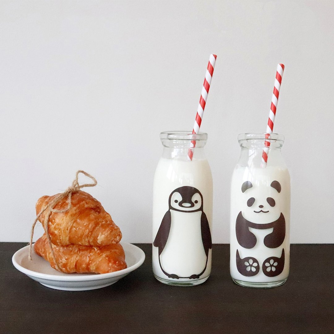 Cool Milk Bottle Milk Smile Glass Penguins & Pandas - 玻璃杯 - 玻璃 透明