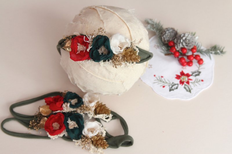 圣诞头饰 婴儿头带 宝宝头带 婴儿头饰 初生头带 Baby Headband Newborn Headband 头饰 弥月礼物 弥月头饰 百日宴头饰 周歳生日礼物 初生拍摄 摄影道具 婴儿摄影道具 - 其他 - 棉．麻 绿色