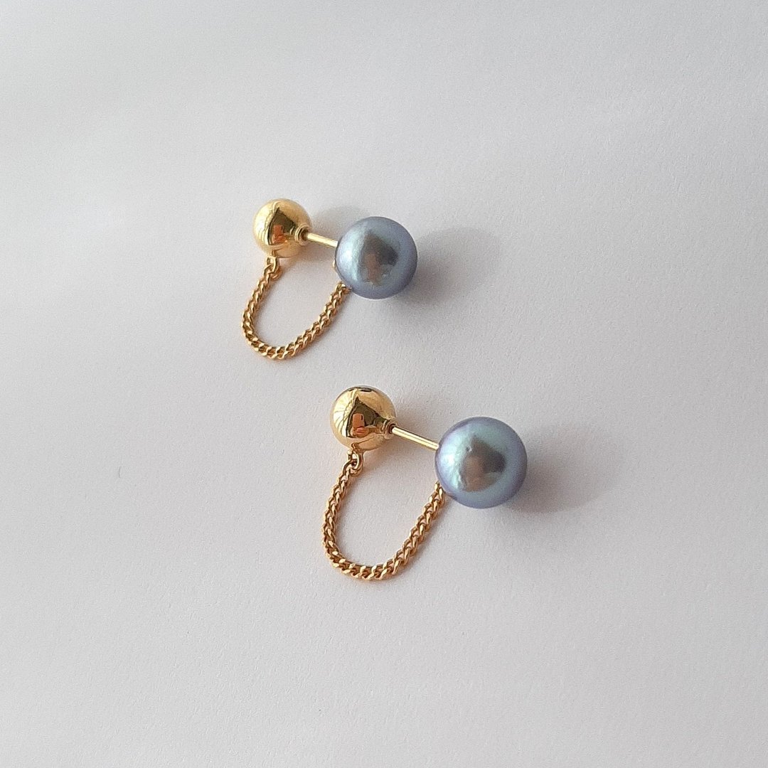 K18 设计耳环 蓝灰色 Akoya 珍珠 珍珠耳环 日本珍珠 pearl earrings 珍珠耳饰 珍珠耳环 진주귀걸이 - 耳环/耳夹 - 珍珠 