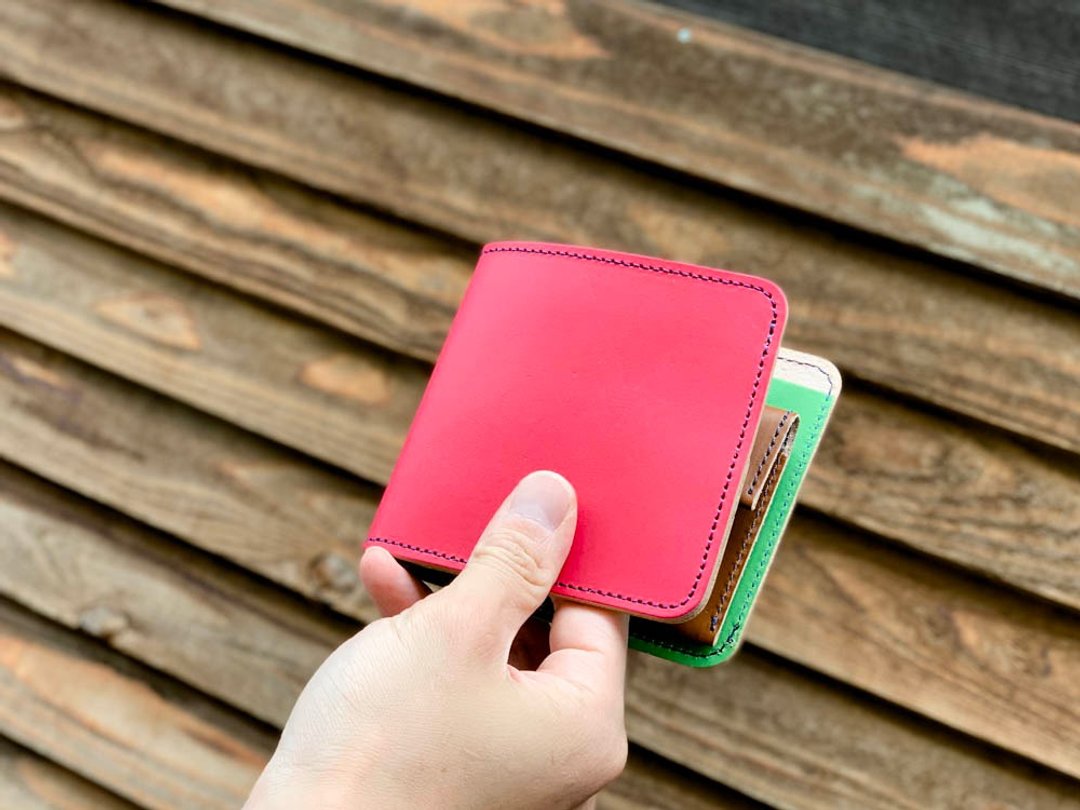 SHORT Colorful MIX short flat wallet that you want to show off Plump coin purse SFW-RGYB-N - 皮夹/钱包 - 真皮 红色