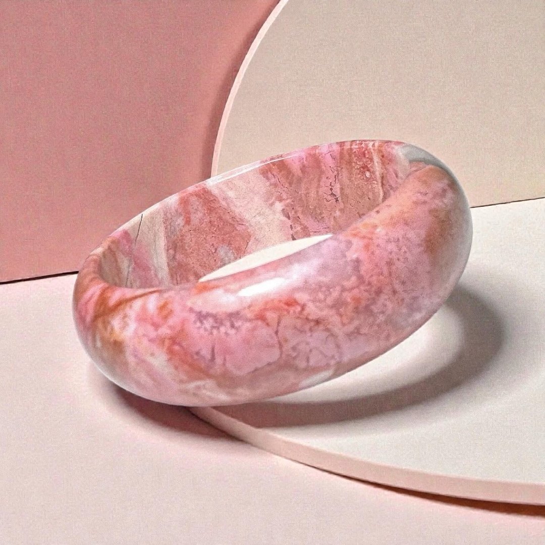 蔷薇辉石 手镯 全粉玉化 老矿原矿 内径 59mm 玫瑰石 手环 桃花玉 - 手链/手环 - 玉石 粉红色