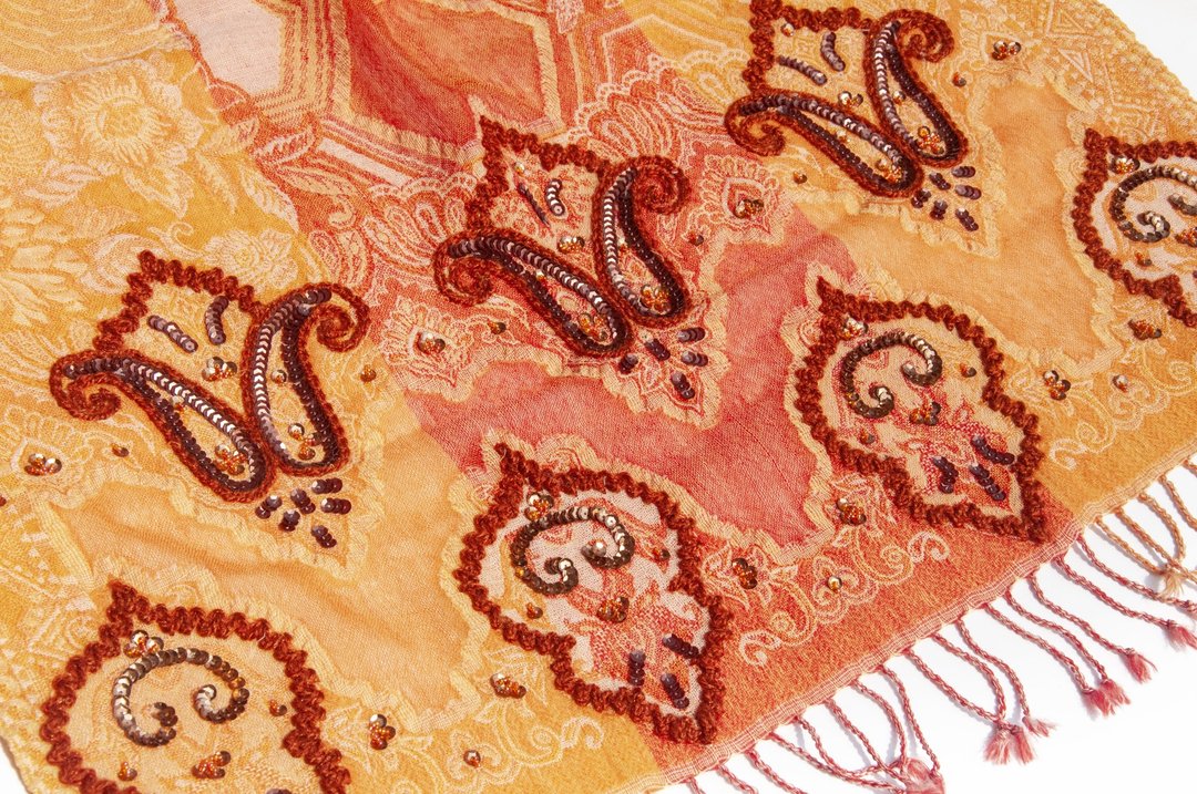 喀什米尔 Cashmere/水煮羊毛披肩/针织围巾/刺绣围巾/羊绒披巾 - 花 - 围巾/披肩 - 羊毛 橘色