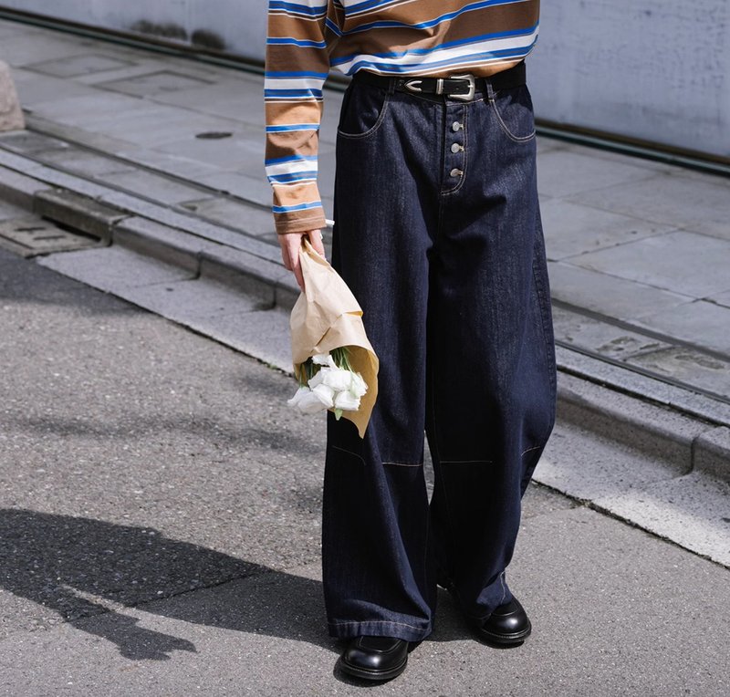 日系复古 金属扣原色牛仔长裤 - 男士长裤 - 其他材质 蓝色
