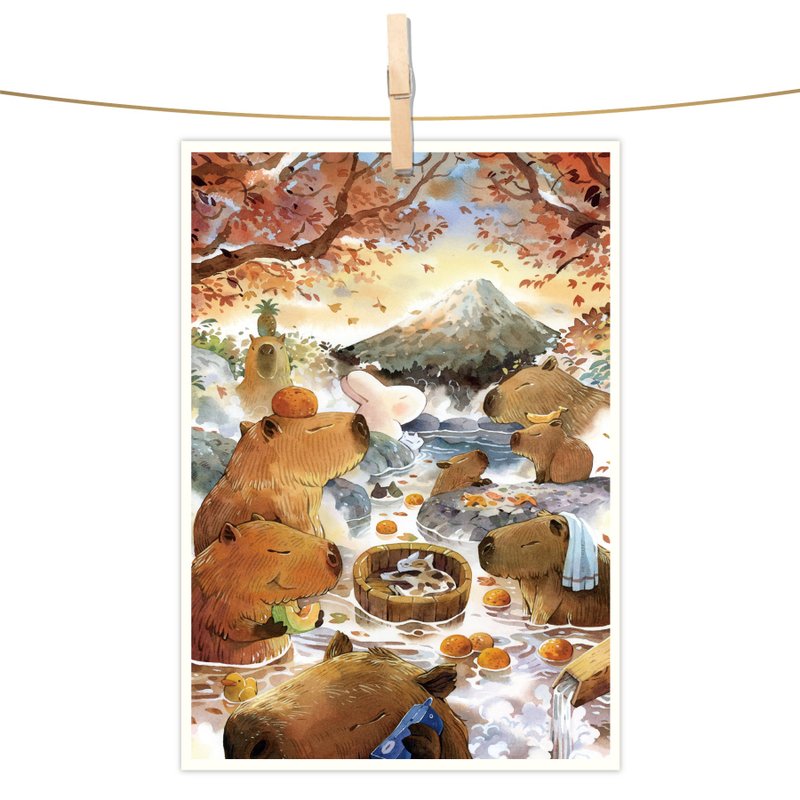 afu水彩插画明信片 - 水豚泡汤日 - 卡片/明信片 - 纸 橘色