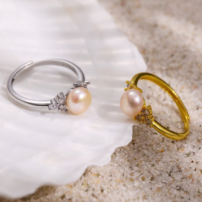 5-6mm 粉色淡水珍珠开口戒指 CZ金色/银色戒指 S363 - 戒指 - 珍珠 粉红色