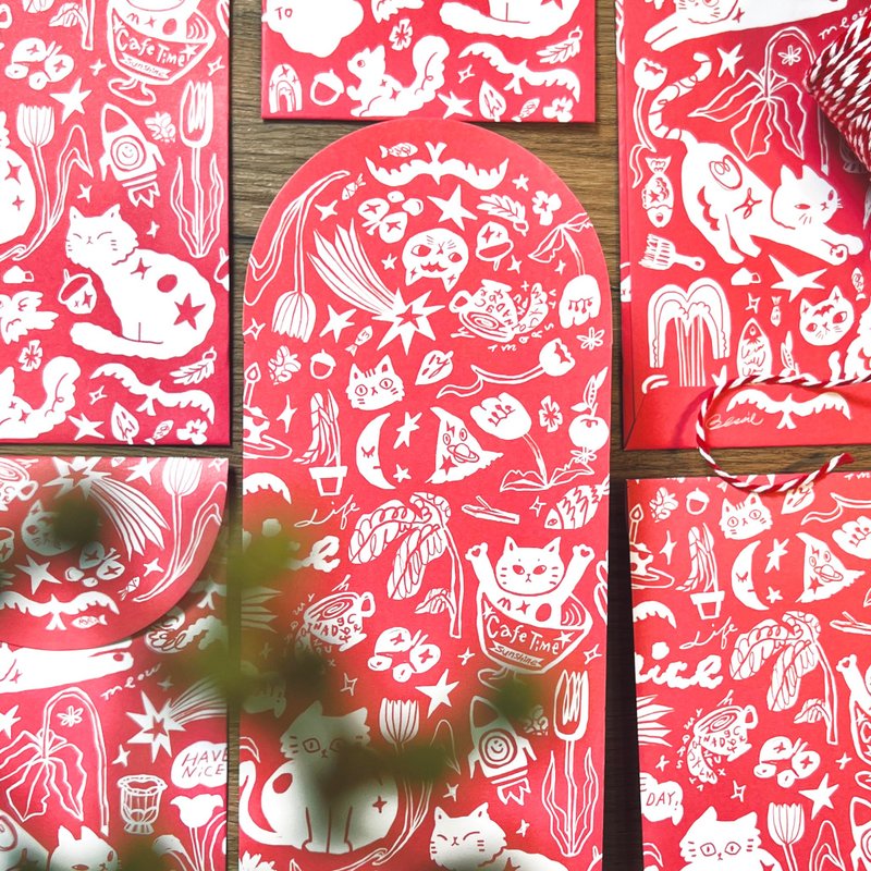 猫咪涂鸦风 双色红包袋 | 婚宴 | 过年 | 插画 | 6入组 - 红包/春联 - 纸 红色