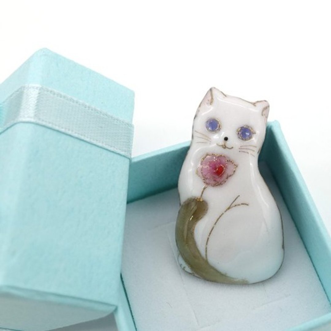 猫咪 - 玫瑰与白猫 - 景泰蓝胸针 - 徽章/别针 - 其他金属 白色