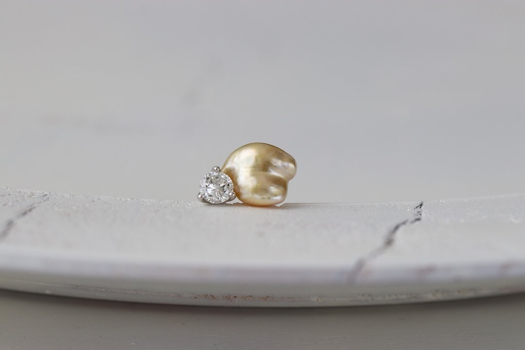 Pinkoi 代购 - 金色喀什珍珠／钻石耳环 D【Pt950/Pt900】单耳 1 个 - 耳环/耳夹 - 宝石 金色