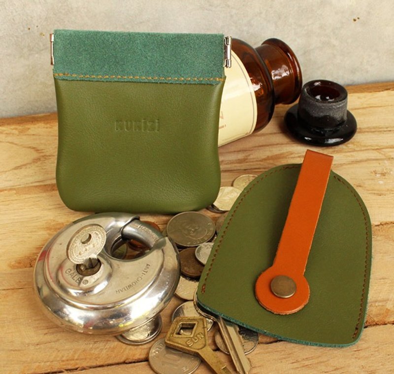 Set of Coin Purse/Pouch/Bag & Key Case/Key Holder - Olive Green + Tan Strap (Genuine Cow Leather) - 钥匙链/钥匙包 - 真皮 
