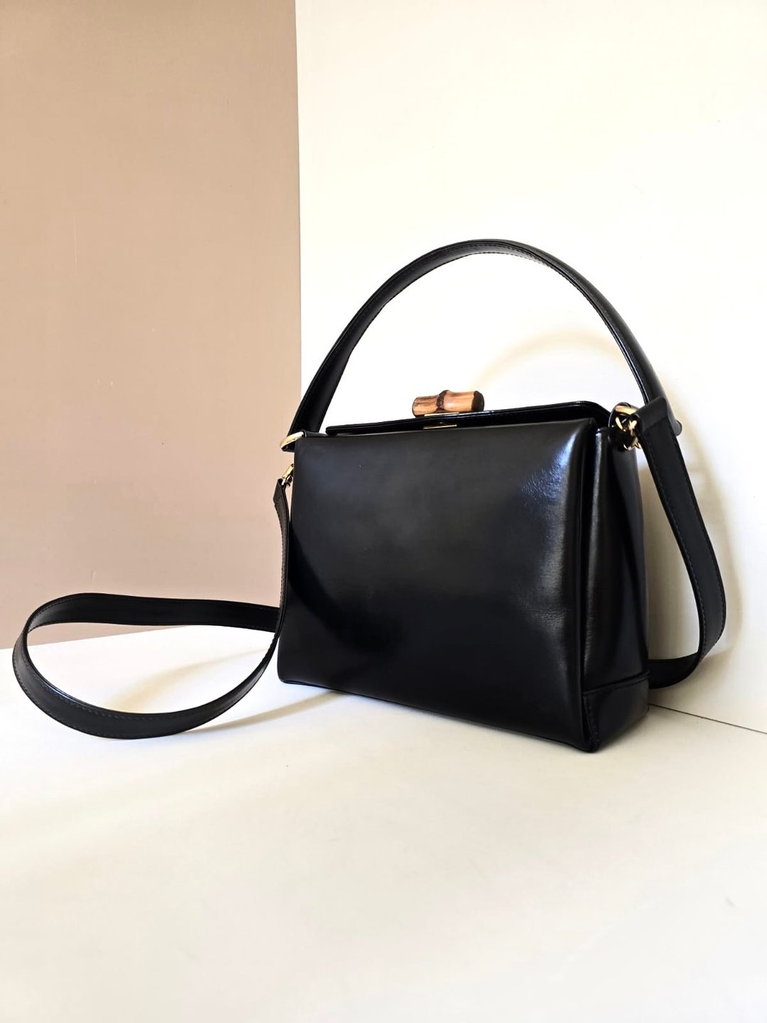 中古二手 GUCCI 黑色竹节皮革古董盒子单肩包 侧背包 斜背包 复古包 - 侧背包/斜挎包 - 真皮 黑色