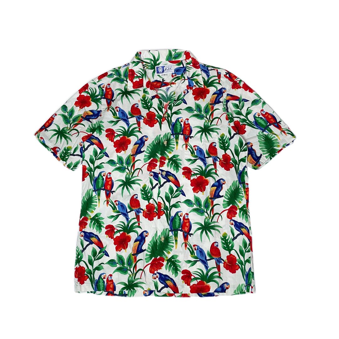 古着RJC鹦鹉红朱槿花图样夏威夷衬衫 - 男装衬衫 - 棉 多色