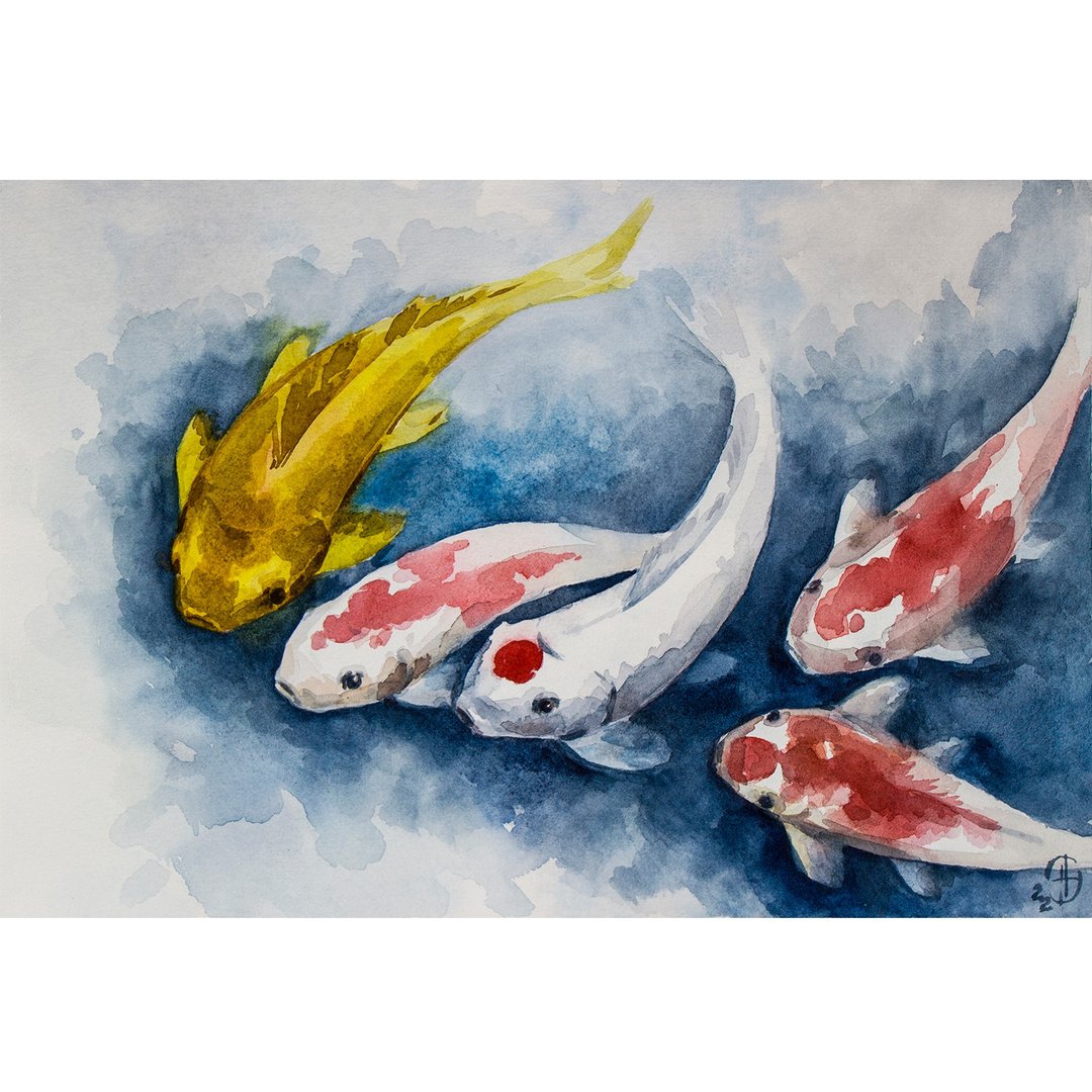 锦鲤绘画 / 鱼类绘画 / 水彩画 / 风水挂画 / 五福 / 招财纳福 - 海报/装饰画/版画 - 纸 蓝色