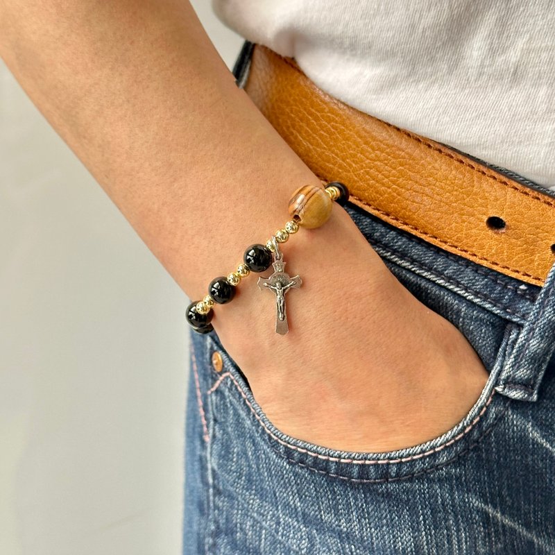 以色列进口橄榄木(12mm)耶稣十字架黑玛瑙念珠(8mm) 8250037 - 手链/手环 - 木头 多色