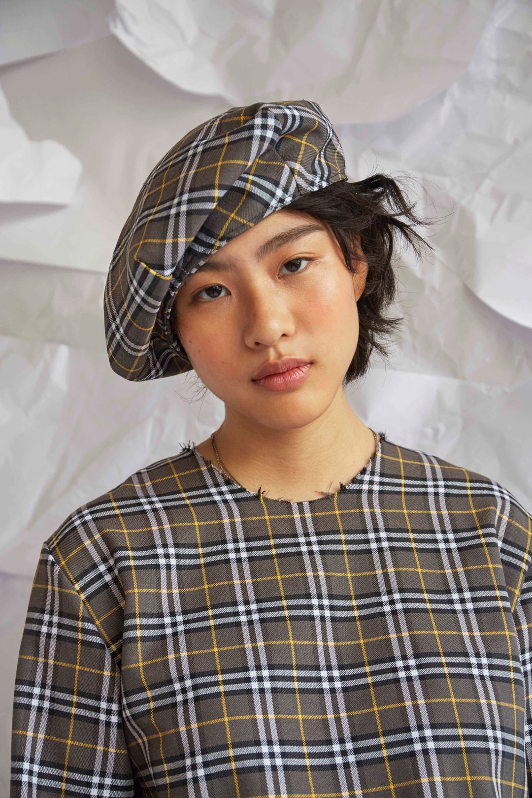 Dot Beret Hat (Grey Tartan) - 帽子 - 棉 灰色