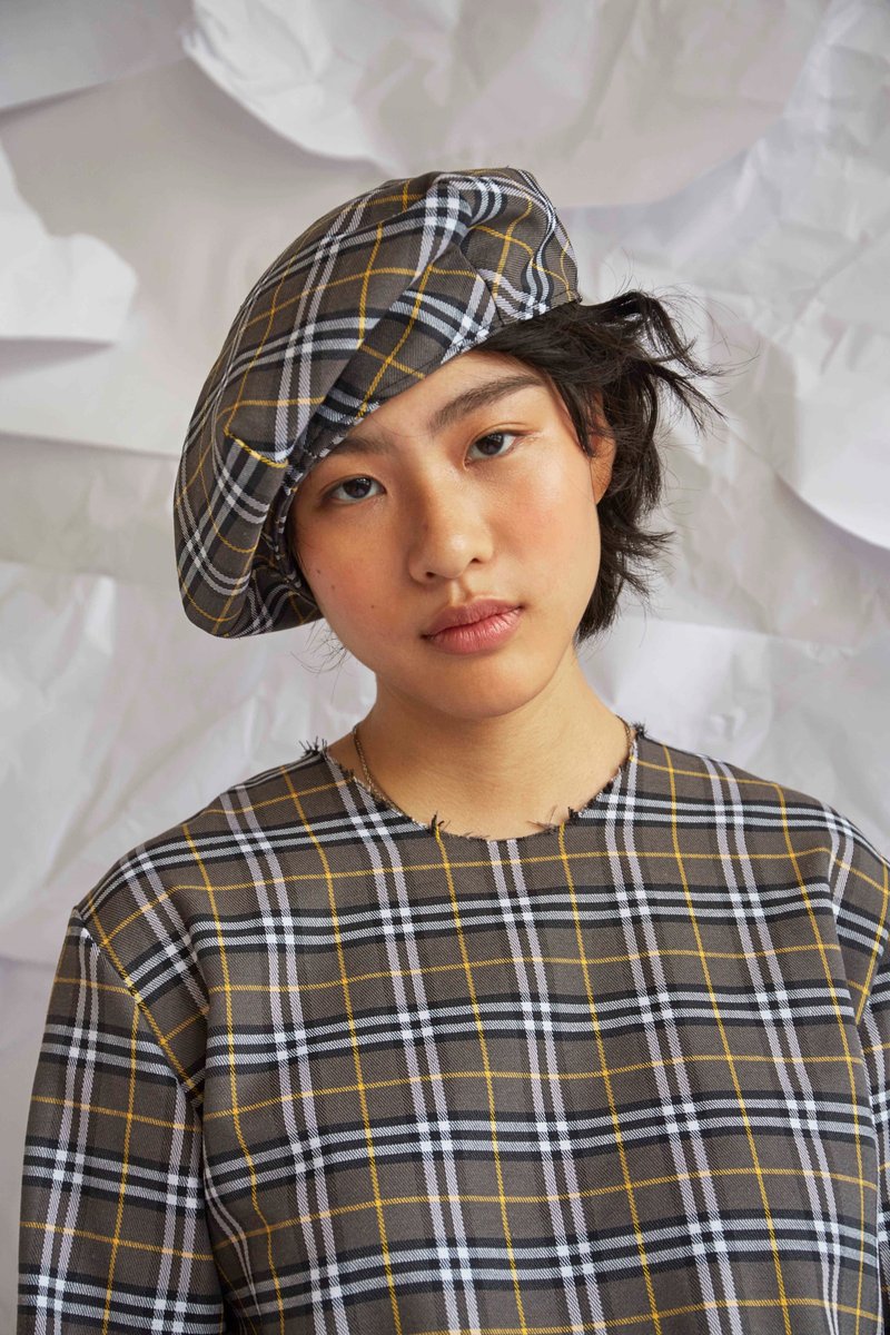 Dot Beret Hat (Grey Tartan) - 帽子 - 棉．麻 灰色