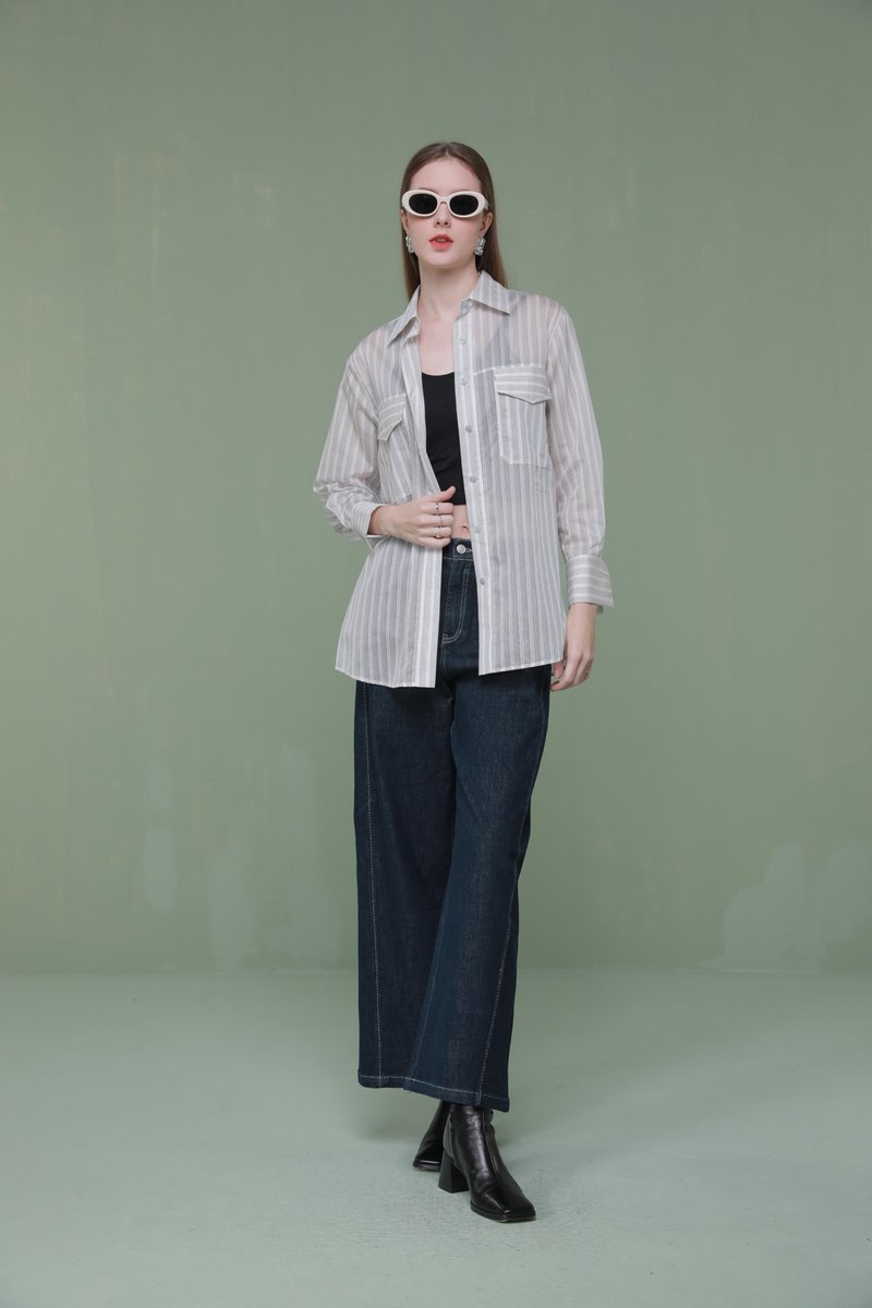 咖白条纹立体提花简约衬衫 - 女装衬衫 - 其他材质 咖啡色