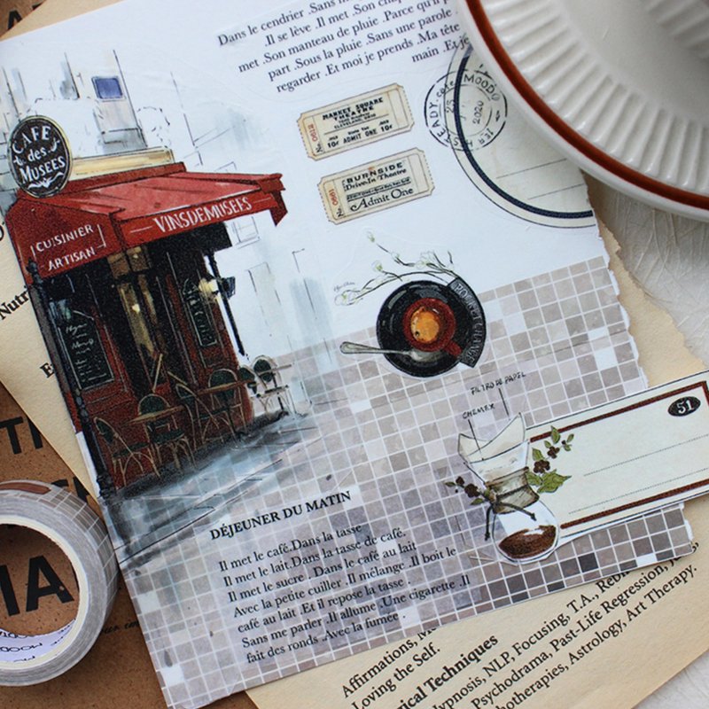 閒約珈琲店 (大概在巴黎) 造景 和紙膠帶 10米卷 - 纸胶带 - 纸 多色