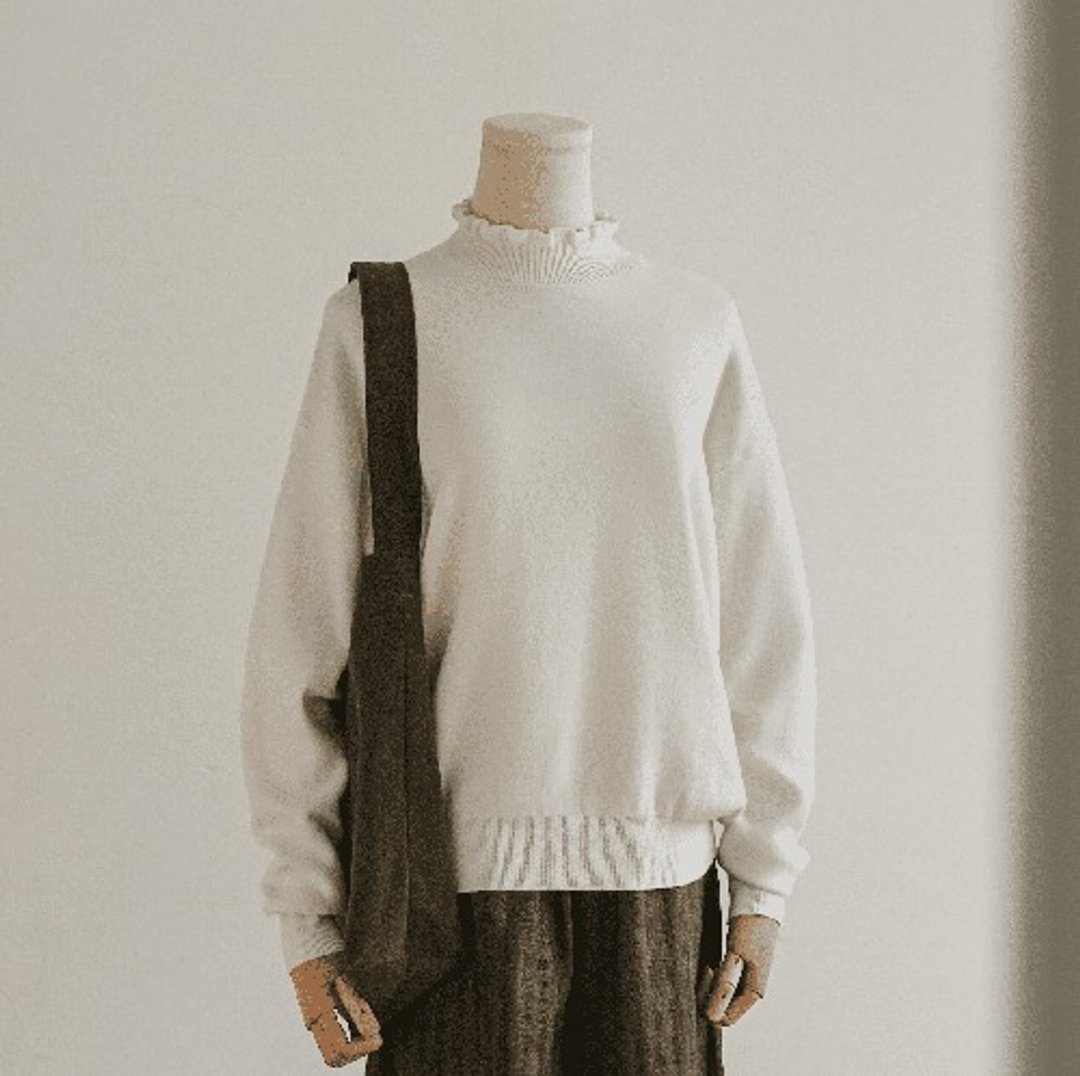 全年百搭 超人气纯棉针织系列 领口荷叶边针织衫 纯棉100%套头衫 象牙白 240303-2 - 女装上衣 - 棉．麻 