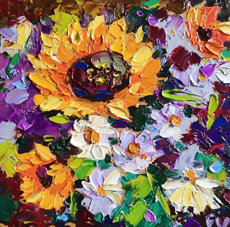 Sunflower Painting Daisy Original Art Oil Painting Floral Artwork Flower Verafe - 海报/装饰画/版画 - 其他材质 多色