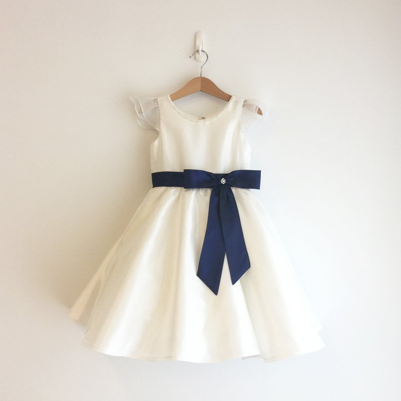 米白珍珠宝蓝蝴蝶结小礼服 - 其他 - 聚酯纤维 白色