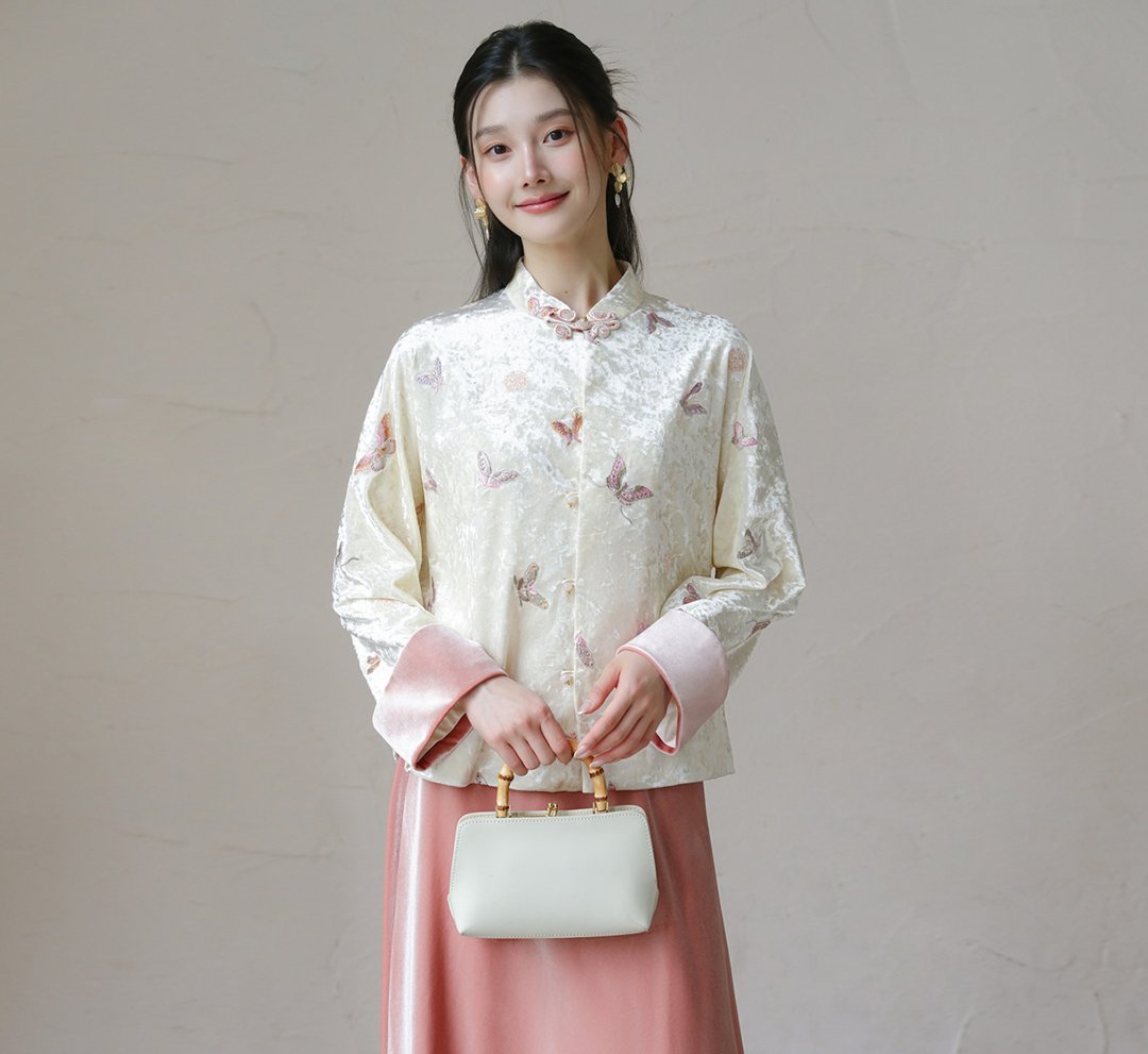 【撞色刺绣】新中式复古中国风 丝绒短外套/半裙 - 女装休闲/机能外套 - 其他材质 白色