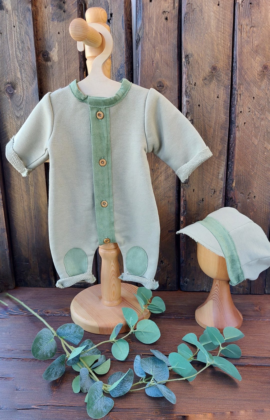 Newborn boy photoshoot outfits overalls, romper and hat for photography props, - 包屁衣/连体衣 - 棉．麻 绿色