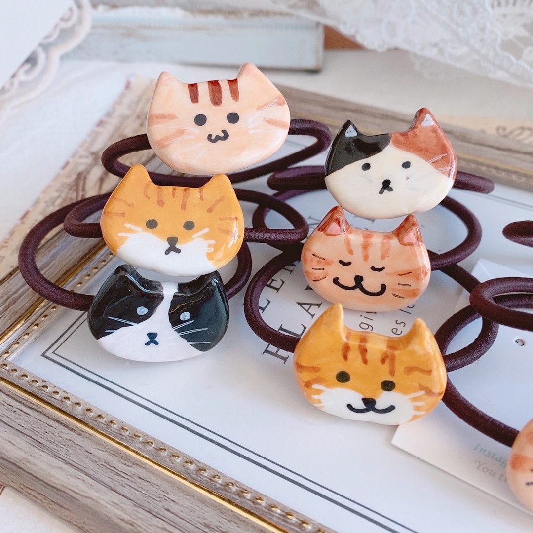 手绘 猫咪发圈 / 猫猫 / 卡通Q版 - 发饰 - 粘土 金色