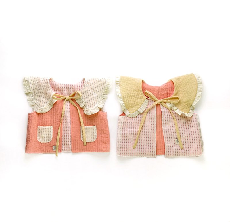 薄暮中的花园餐桌 | 双面微透格纹大领片绑带背心 - 童装上衣 - 棉．麻 粉红色