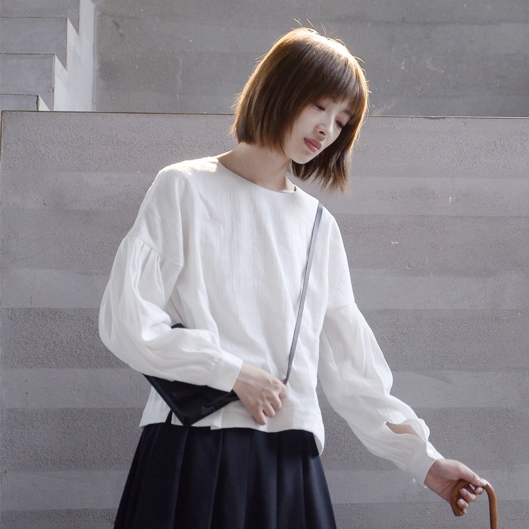 泡泡袖圆领衬衣|衬衫|秋款|亚麻|独立品牌|Sora-169 - 女装衬衫 - 棉 