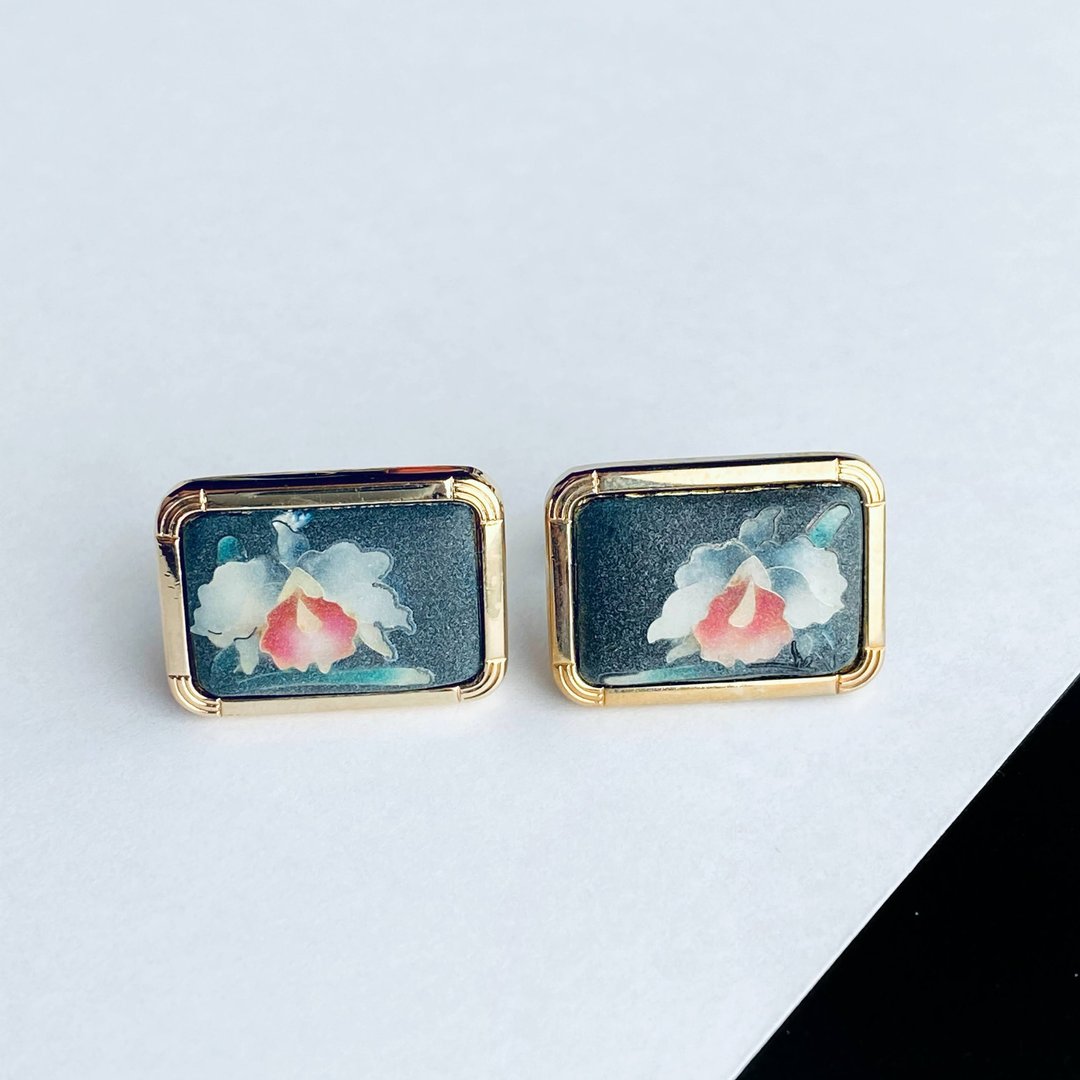 Frosted Cattleya [Black] Cloisonne Cufflinks Cufflinks Sterling Silver Frosted Wired Cloisonne 18kgf - 袖扣 - 其他材质 黑色