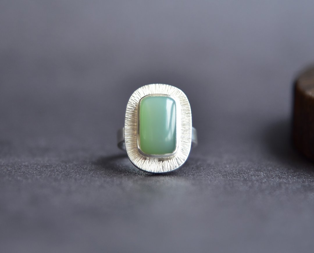 【丝竹】天然和田玉粉青999足银手工镶嵌设计款戒指 - 戒指 - 纯银 绿色