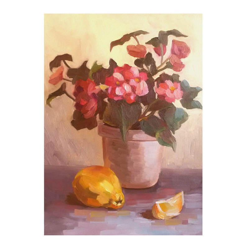 Begonia painting, floral original art, flower still life, citrus wall art canvas - 海报/装饰画/版画 - 棉．麻 橘色