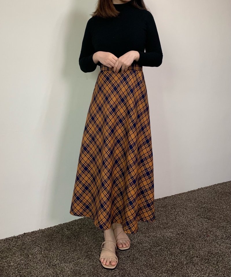 橘蓝格纹伞状裙 - 裙子 - 棉．麻 橘色