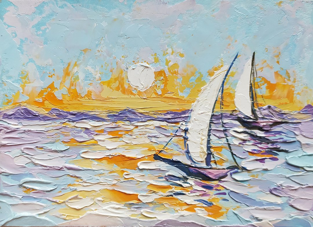 White sailboat at sea oil painting impasto original art seascape miniature art - 墙贴/壁贴 - 其他材质 多色