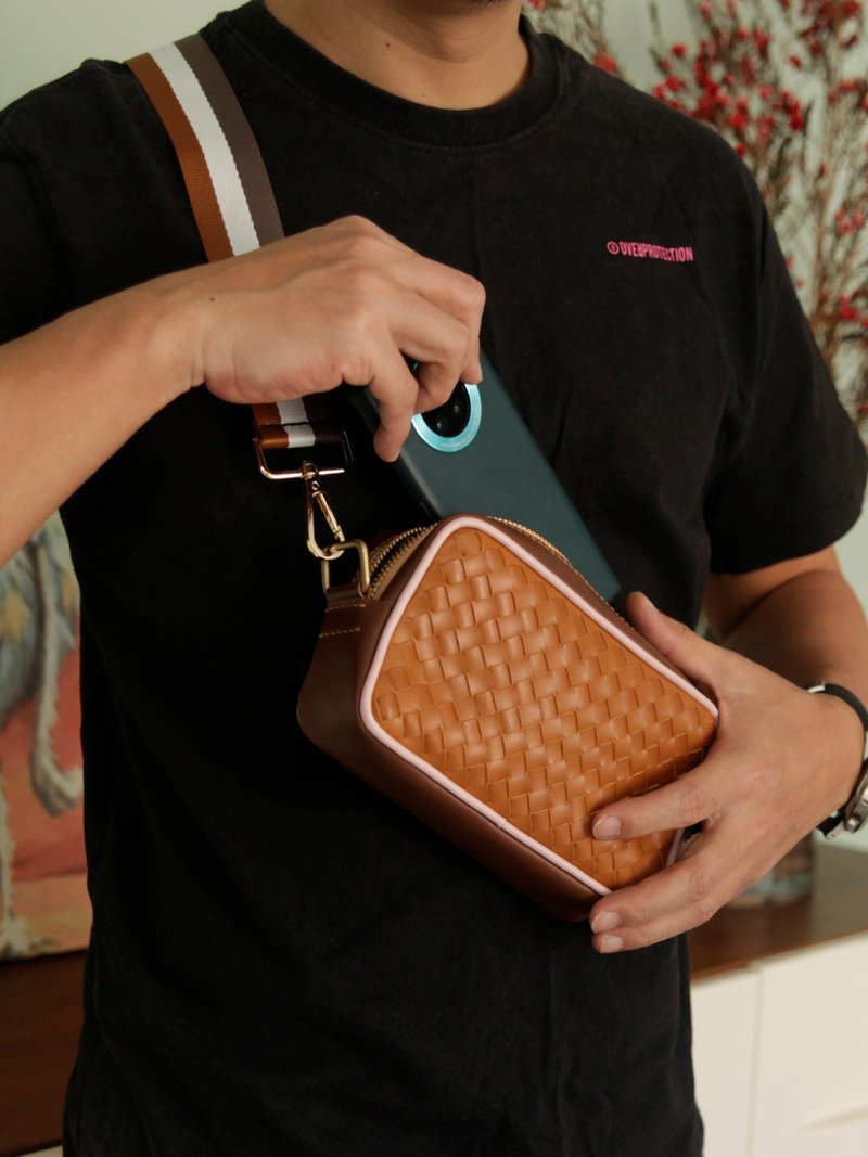 皮革纯手工制作 编织胸包 男士斜肩包挎包 手机包 定制刻字礼物 - 侧背包/斜挎包 - 真皮 