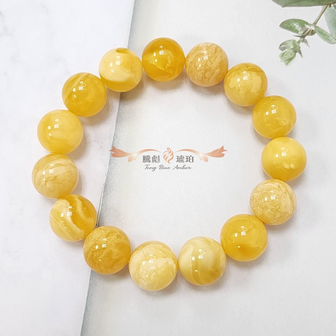 腾彪琥珀 天然琥珀蜜蜡 白花意境蜜蜡 藏品单圈 斑彩灵动 手链 - 手链/手环 - 半宝石 白色
