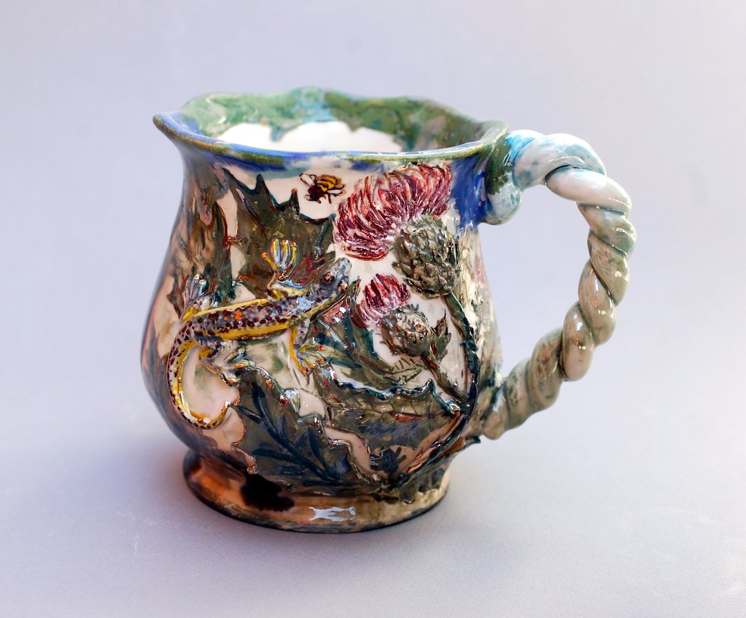 Lizard Art mug Floral decor thistle Embossed mug Botanical ceramics Hand painted - 咖啡杯/马克杯 - 陶 多色