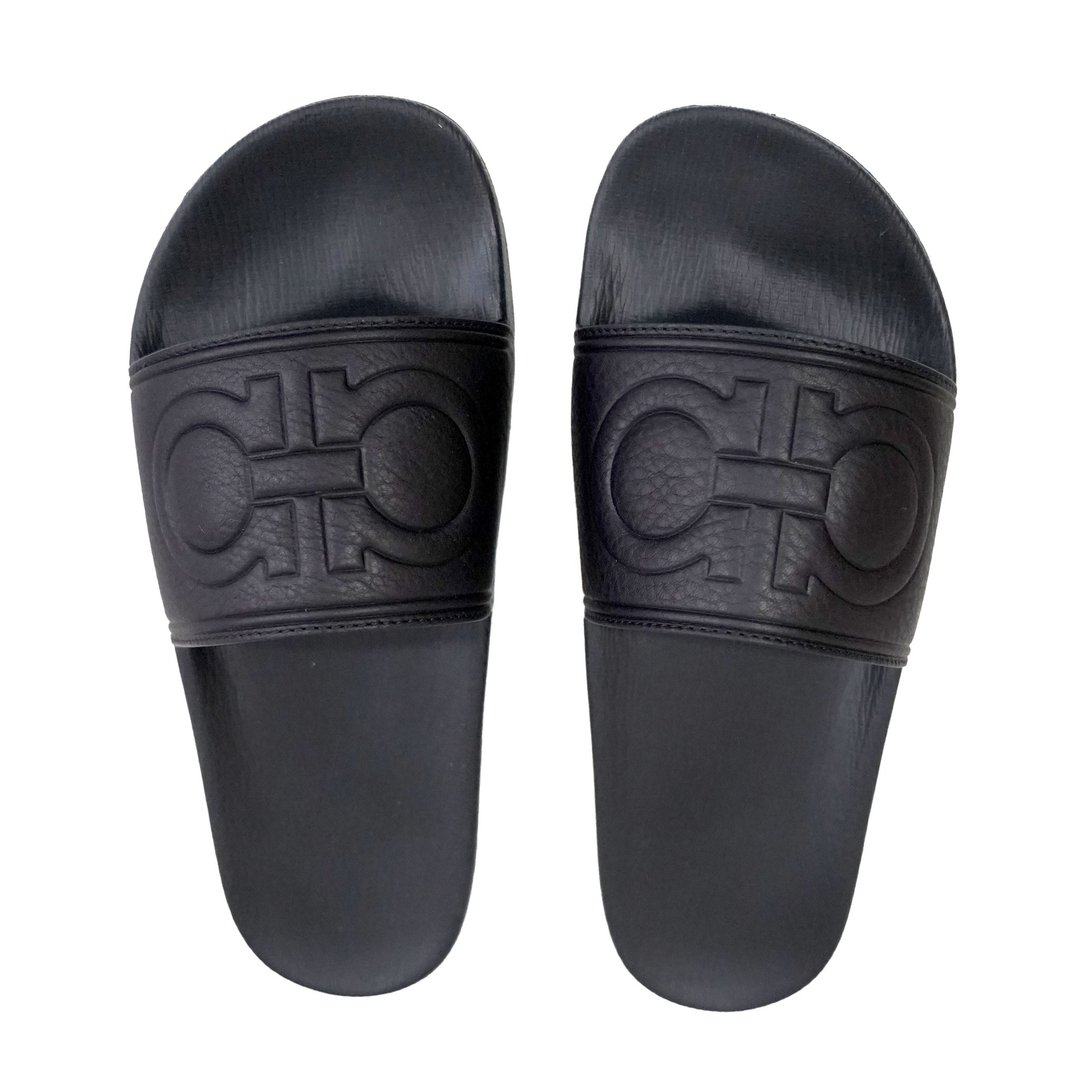 40号全新Ferragamo黑色真皮马鞍LOGO拼软胶凉鞋拖鞋 居家生活渡假 - 拖鞋 - 真皮 黑色