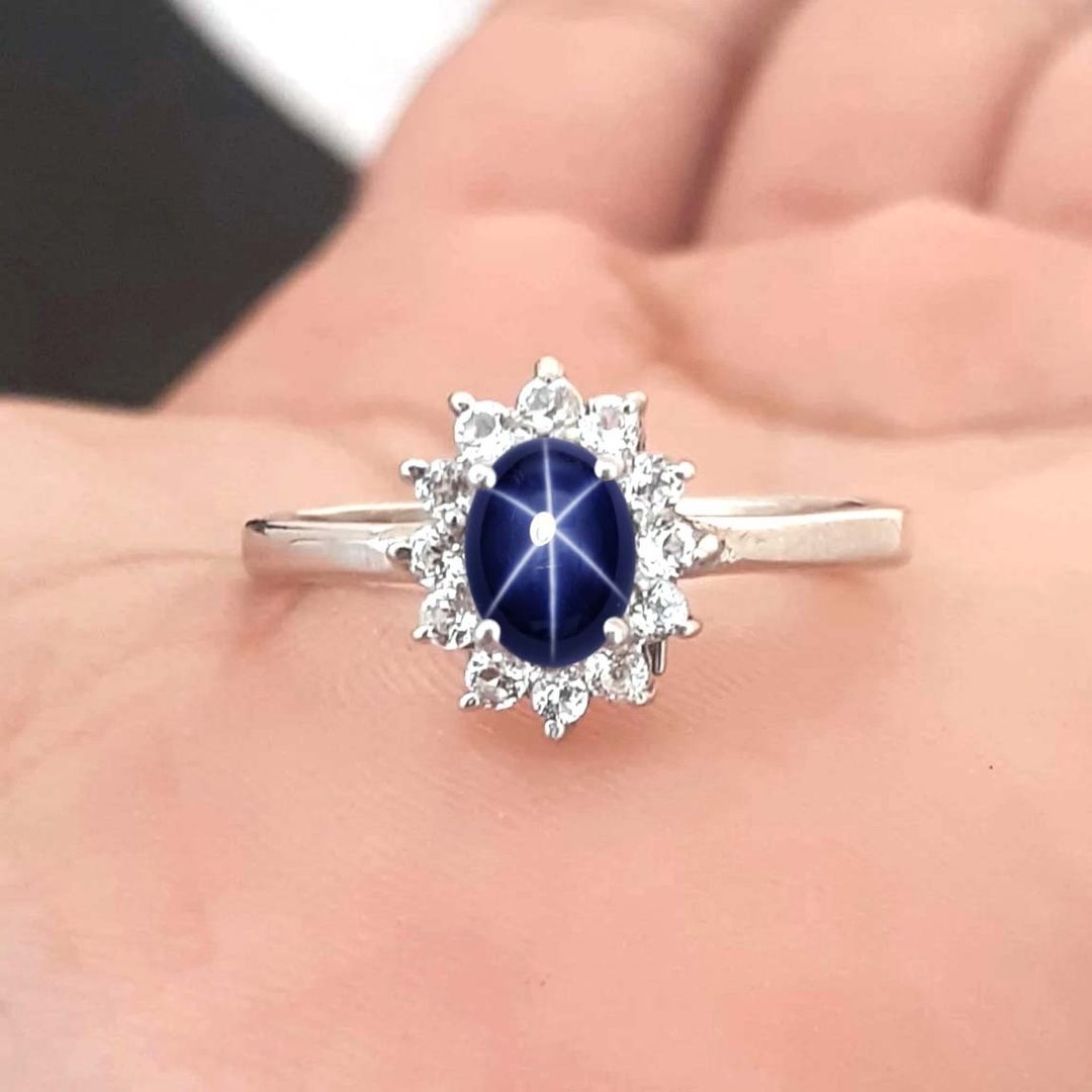 9x7 蓝色星光蓝宝石 925 纯银戒指 婚戒或生日礼物 - 戒指 - 纯银 蓝色
