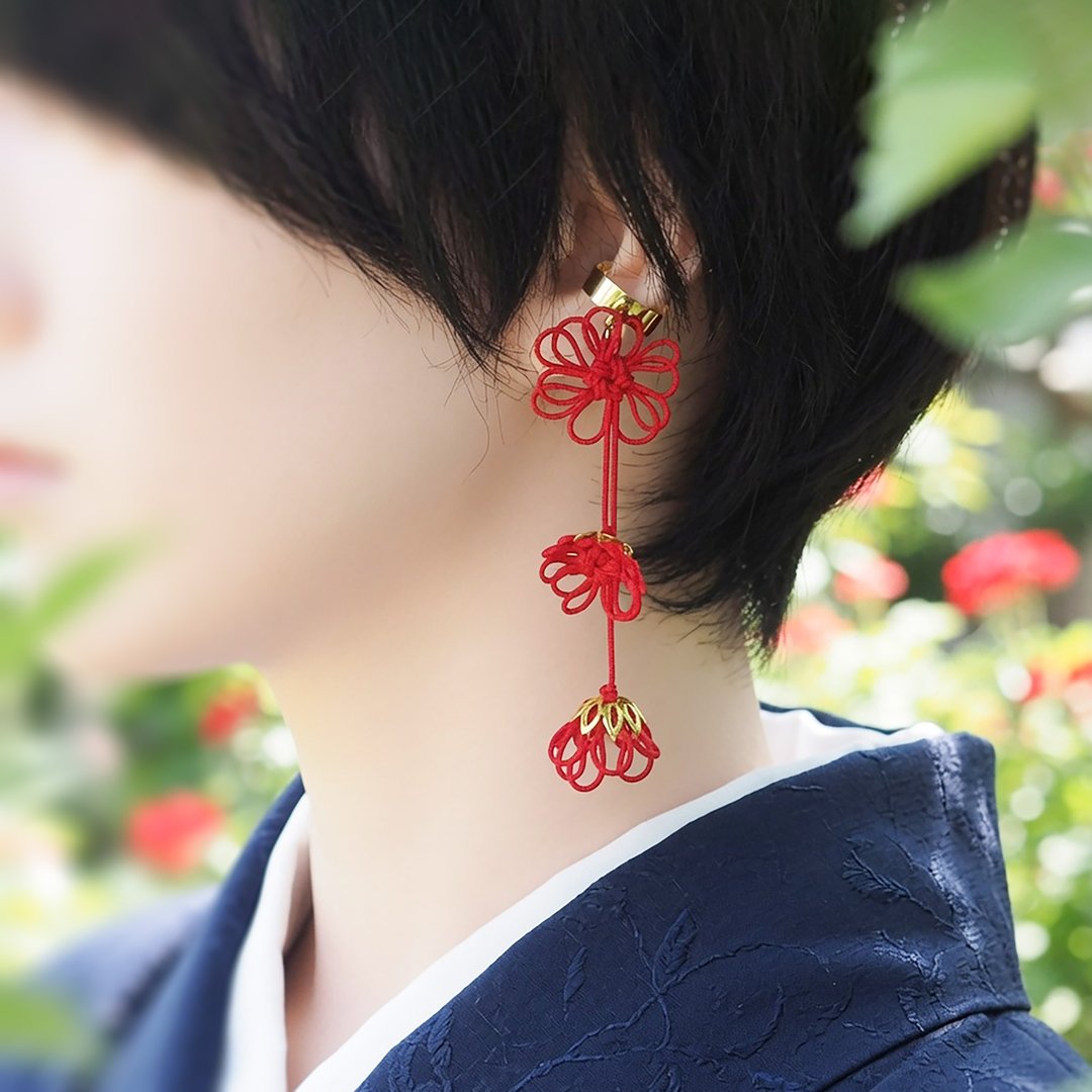 饰结单边耳挂 - 时光回廊・点滴【轻量】适合浴衣・和服・日常穿搭。 - 耳环/耳夹 - 其他金属 红色