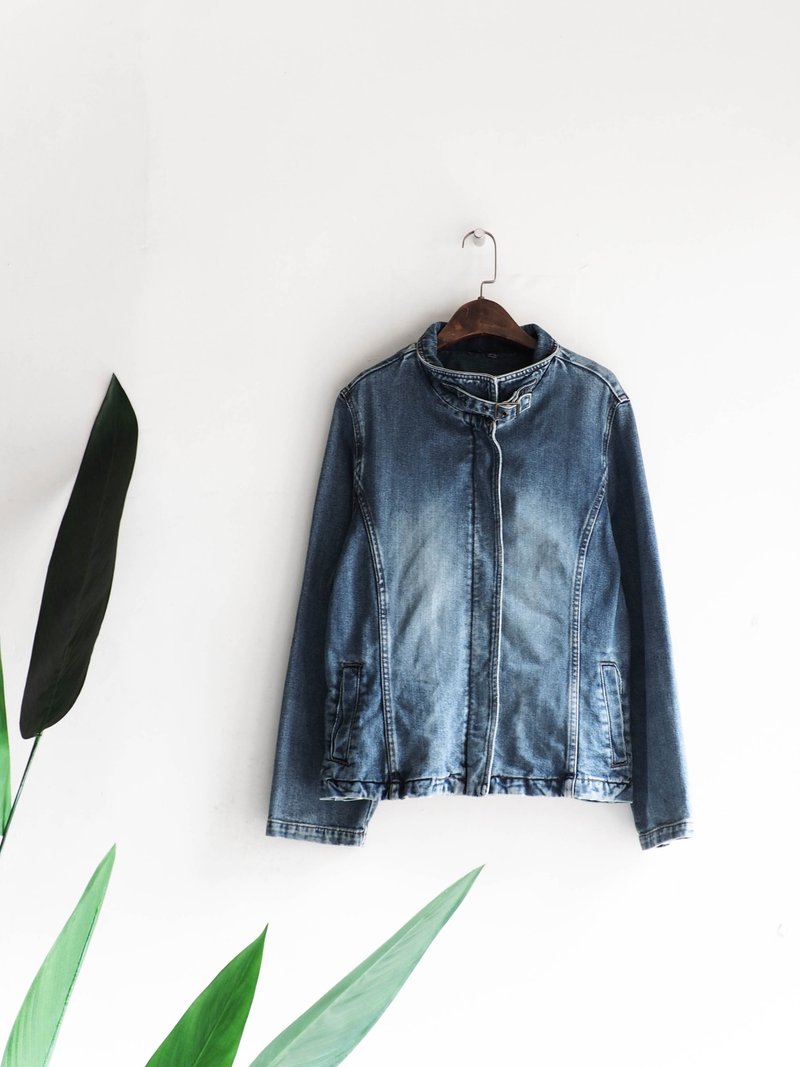 河水山 - 熊本小立领俐落青涩年代 古董棉质丹宁衬衫上衣外套 shirt oversize vintage - 女装休闲/机能外套 - 棉．麻 蓝色