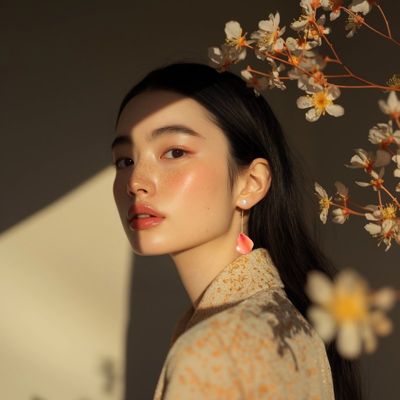 Coral Pink Earrings with pearl /Pierced or Clip-on - 耳环/耳夹 - 棉．麻 橘色