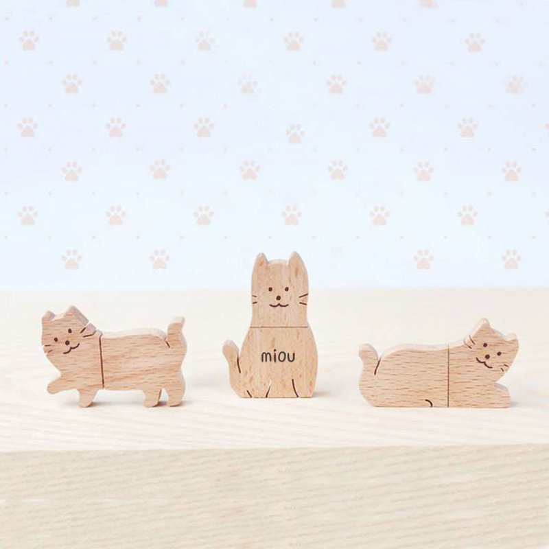 【圣诞定制礼物】 USB 随身碟 猫咪 派对动物 |  钥匙圈 生日礼物 - U盘 - 木头 咖啡色