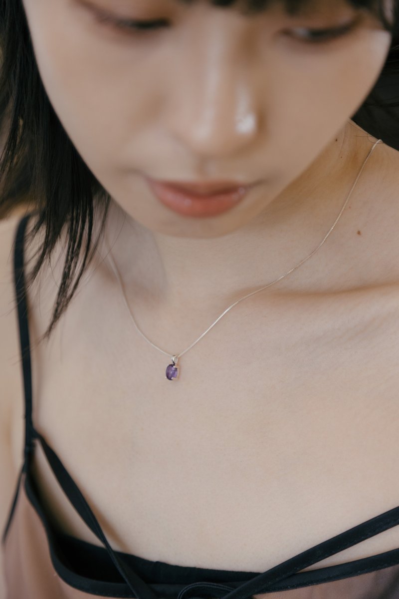 925纯银 天然宝石爪镶 月光石/紫水晶/粉红晶 天然水晶项链 - 项链 - 宝石 银色