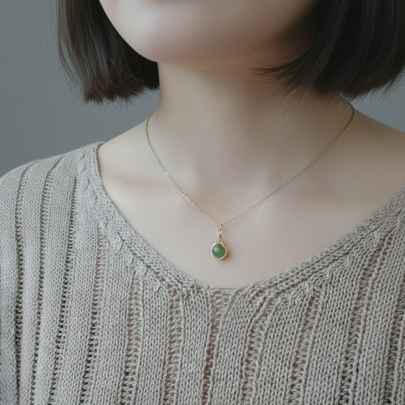 小号碧玉 和田玉 Herringbone 编织坠 14Kgf 包金项链 地中海之眼 - 项链 - 玉石 绿色